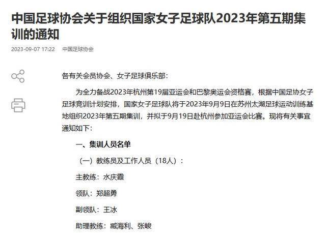 中国女足公布杭州亚运会大名单，王霜张琳艳领衔